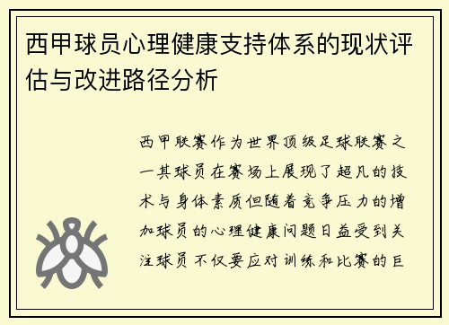 西甲球员心理健康支持体系的现状评估与改进路径分析
